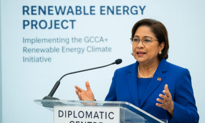 Prime Minister Kamla Persad-Bissessar speaks at EU-funded GCCA+ Renewable Energy Project handover in Port of Spain, Trinidad and Tobago, reaffirming CARICOM commitment while advancing solar and wind energy initiatives.