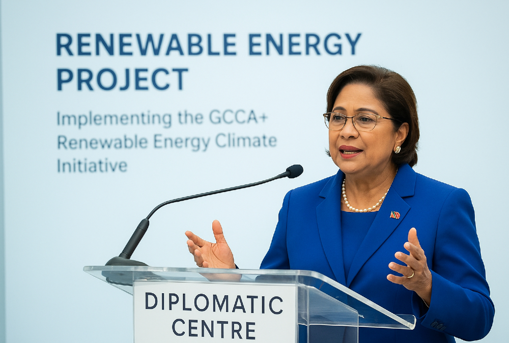 Prime Minister Kamla Persad-Bissessar speaks at EU-funded GCCA+ Renewable Energy Project handover in Port of Spain, Trinidad and Tobago, reaffirming CARICOM commitment while advancing solar and wind energy initiatives.
