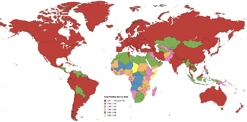 Global fertility rate map showing Africa in vibrant growth colors and Europe, North America, and Asia in low-fertility red tones, symbolizing shifting market potential.