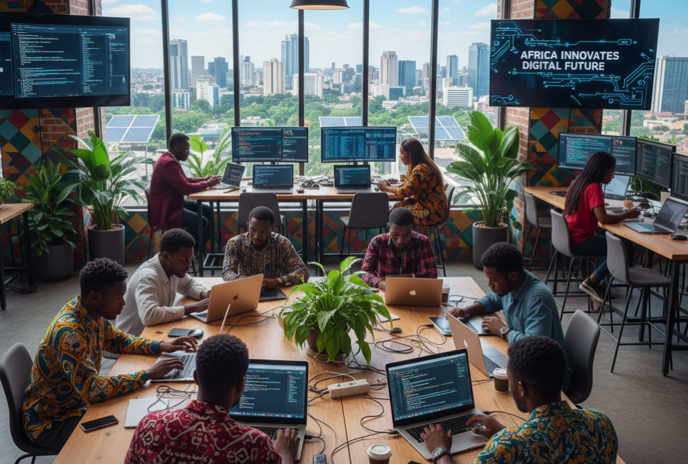Young African innovators using laptops and smartphones in a tech hub, symbolizing Africa's rapid digital transformation, youth-led tech innovation, and inclusive digital economy growth.