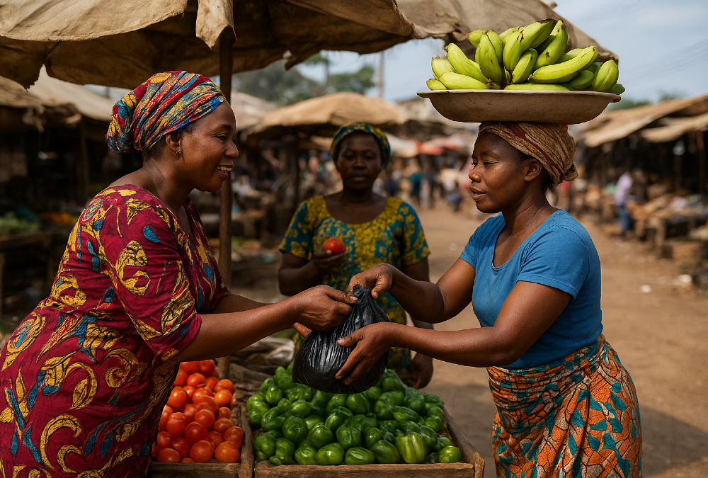 Women informal cross-border traders navigating customs at an African border checkpoint—highlighting their critical role in regional trade and the challenges of informality.