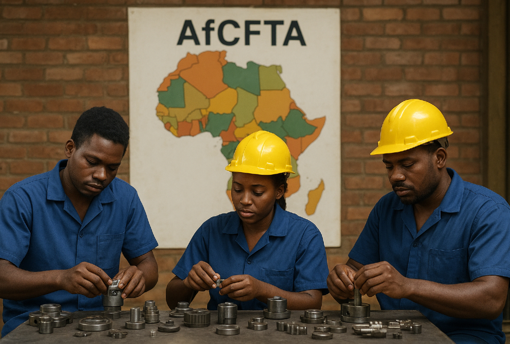 African factory workers assembling goods beside a map of the AfCFTA trade bloc, symbolizing regional industrialization and value addition.