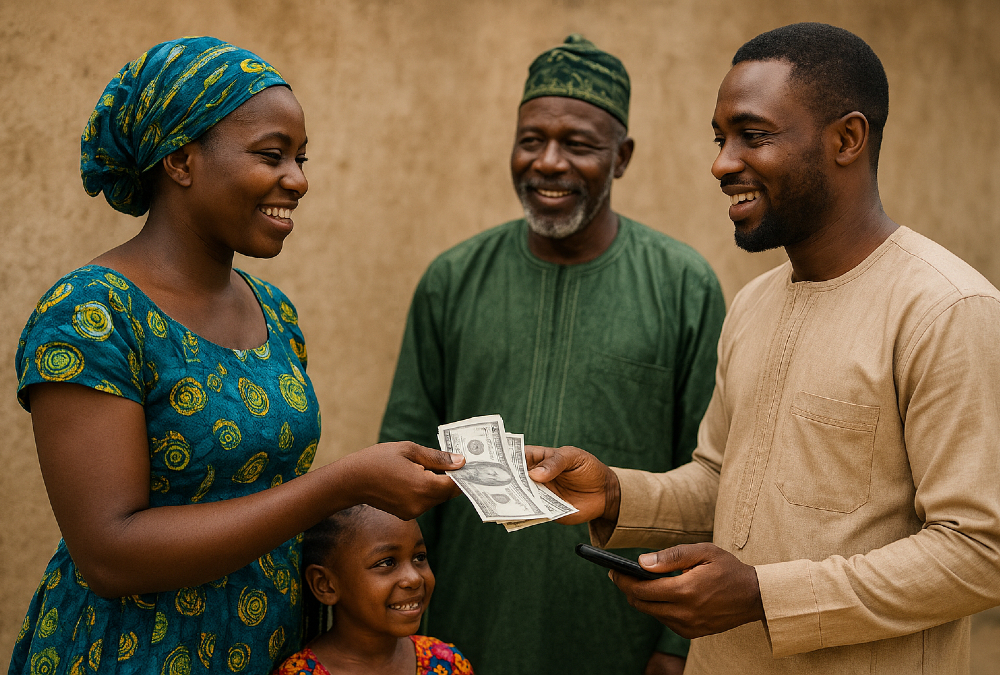 African family receives remittance money from a family member abroad, symbolizing the vital role of diaspora support in strengthening household economies across Africa.
