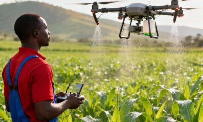 African farmer using a drone for precision agriculture, monitoring crop health, spraying fertilizers, and improving farm yields sustainably.
