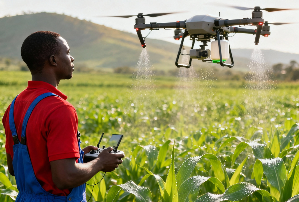 African farmer using a drone for precision agriculture, monitoring crop health, spraying fertilizers, and improving farm yields sustainably.