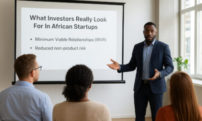African entrepreneur pitching a startup to investors, highlighting Minimum Viable Relationships and market insights for funding success.