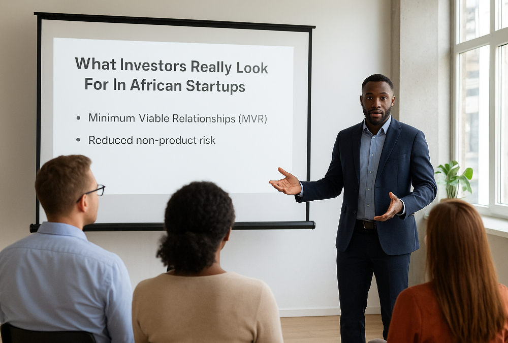 African entrepreneur pitching a startup to investors, highlighting Minimum Viable Relationships and market insights for funding success.