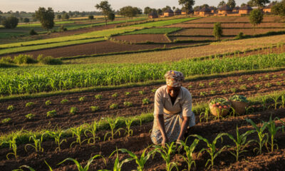 Smallholder farmer tending crops on arable land in rural Africa, symbolizing food security and agricultural potential.