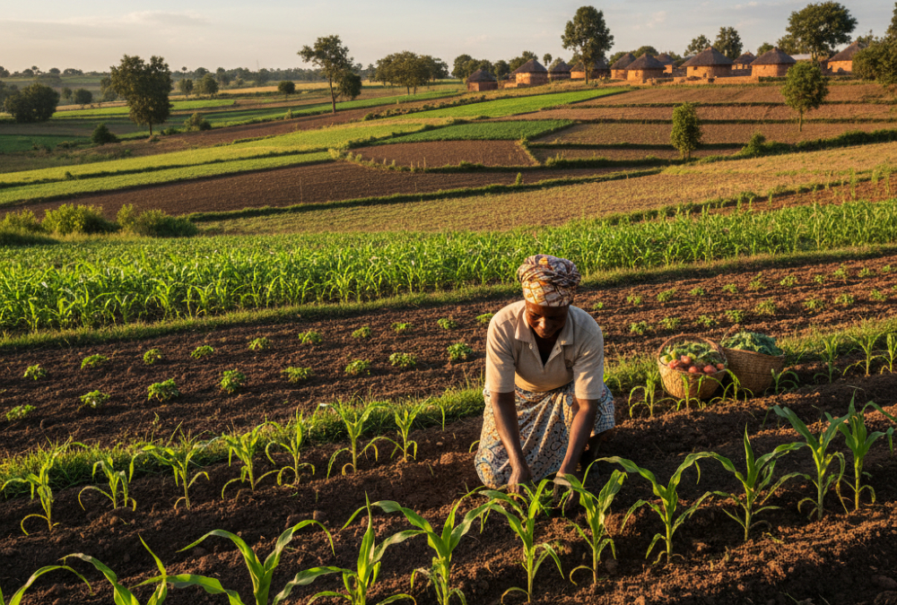 Smallholder farmer tending crops on arable land in rural Africa, symbolizing food security and agricultural potential.