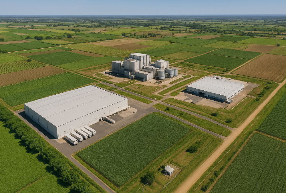 Aerial view of African farmland transformed into an agro-industrial hub with silos, cold storage, processing facilities, and productive agricultural land.