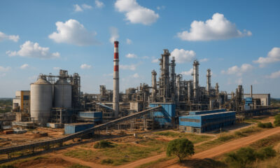 A modern African industrial complex with factories and processing plants, representing Africa’s potential for industrial growth, job creation, and sustainable economic development.