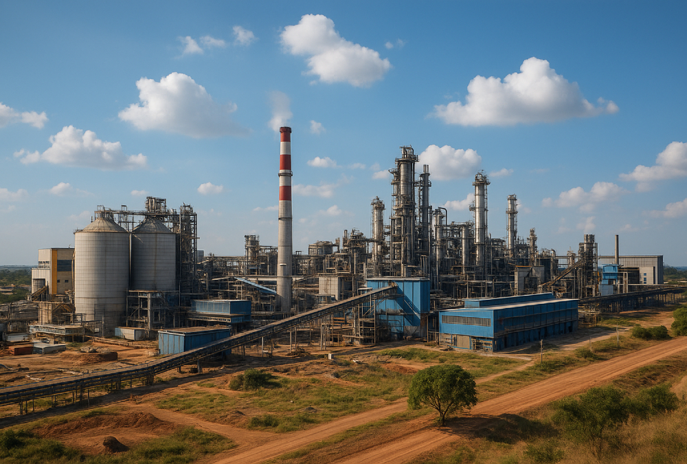A modern African industrial complex with factories and processing plants, representing Africa’s potential for industrial growth, job creation, and sustainable economic development.