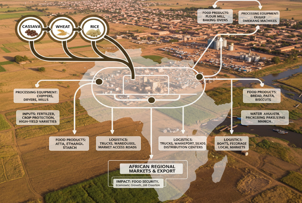 Diagram illustrating specialized agricultural value chains for crops like cassava, wheat, and rice, showing needs for processing equipment, inputs, and logistics for Africa