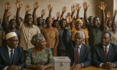 African leaders and citizens engaging in democratic practices, emphasizing consensus and inclusive governance.