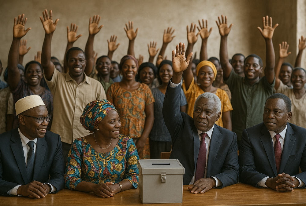 African leaders and citizens engaging in democratic practices, emphasizing consensus and inclusive governance.