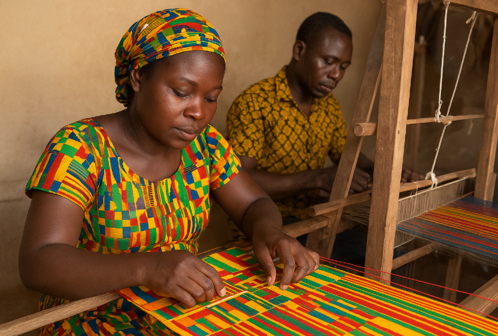 Ghanaian artisans weaving Kente cloth, symbolizing the country’s first Geographical Indication and the protection of African cultural heritage.