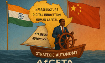Africa charting its own course between India and China, leveraging partnerships for infrastructure, digital innovation, and human capital while asserting strategic autonomy and continental unity under AfCFTA