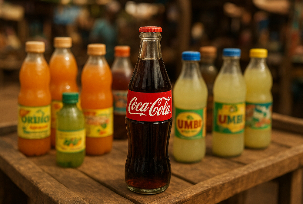 Coca-Cola bottle on an African market stall surrounded by local beverages, symbolizing the shift from global uniformity to local identity in African consumer culture.