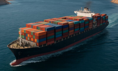 Container ship navigating the Bab el-Mandeb Strait, linking the Red Sea to the Indian Ocean and carrying vital global trade through the Horn of Africa.