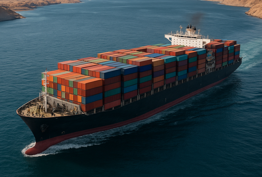 Container ship navigating the Bab el-Mandeb Strait, linking the Red Sea to the Indian Ocean and carrying vital global trade through the Horn of Africa.