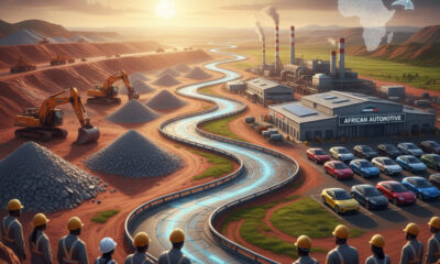 Symbolic path from an African lithium mine to a finished electric car, representing the potential for local industrialization.