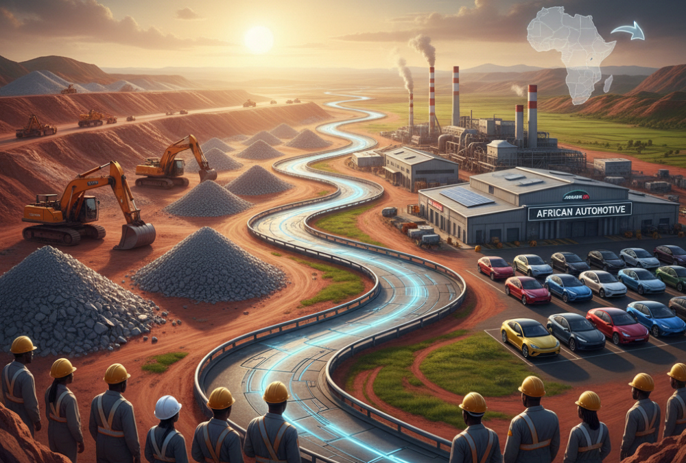 Symbolic path from an African lithium mine to a finished electric car, representing the potential for local industrialization.