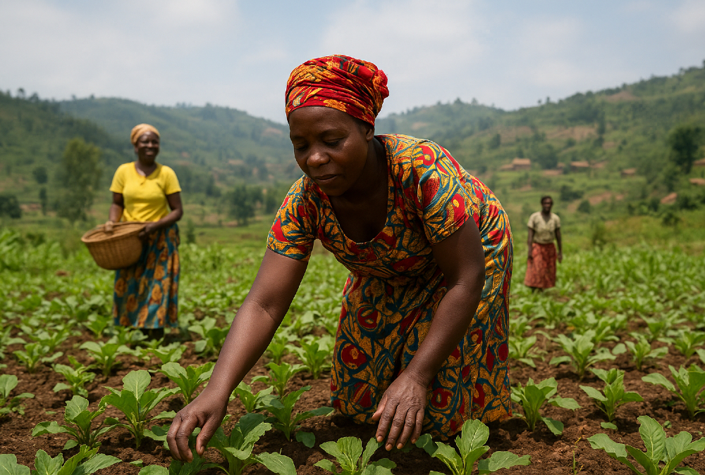 Rwandan rural women farmers working in fields and managing agribusinesses, symbolizing empowerment, food security, and community resilience through the She Can Project.