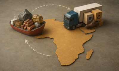 Raw minerals leaving Africa while finished goods return, visualizing the extraction-to-import cycle that limits local value creation and economic growth.