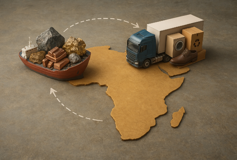 Raw minerals leaving Africa while finished goods return, visualizing the extraction-to-import cycle that limits local value creation and economic growth.