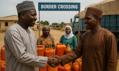 Handshake deal between Nigerian and Nigerien palm oil traders – trust-based commerce driving cross-border agro-trade under AfCFTA.