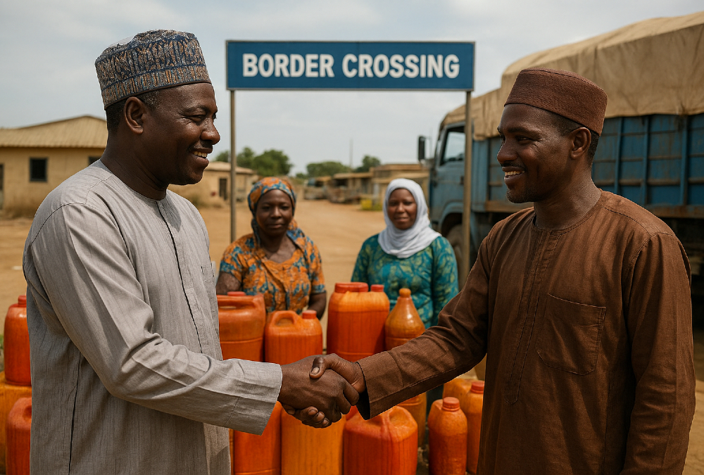 Handshake deal between Nigerian and Nigerien palm oil traders – trust-based commerce driving cross-border agro-trade under AfCFTA.