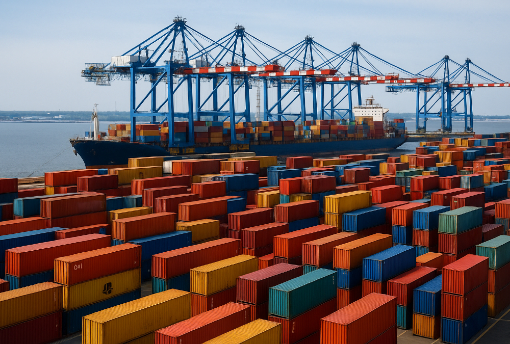 Global shipping containers at a busy port, symbolizing resilient global supply chains and rising trade growth in sub-Saharan Africa despite global tariffs and geopolitical tensions in 2025
