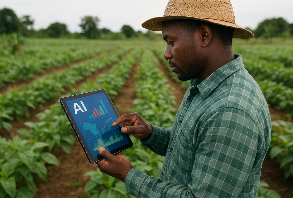 African farmer using AI-powered tools and data-driven technology in the field to improve crop yields and promote sustainable, climate-smart agriculture.