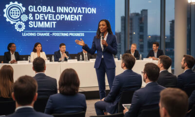 Confident African expert leading global conference discussion on innovation and development