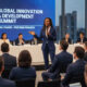 Confident African expert leading global conference discussion on innovation and development