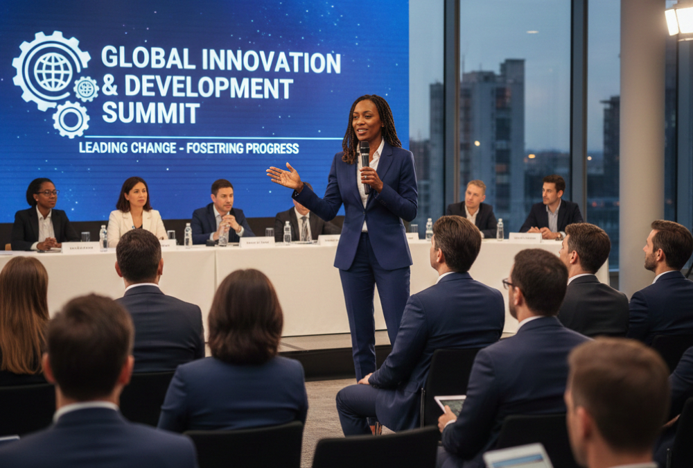 Confident African expert leading global conference discussion on innovation and development