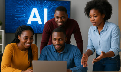 Young African entrepreneurs collaborating on AI technology development, symbolizing Africa’s emerging leadership in artificial intelligence and digital innovation.