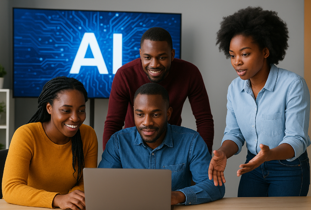 Young African entrepreneurs collaborating on AI technology development, symbolizing Africa’s emerging leadership in artificial intelligence and digital innovation.