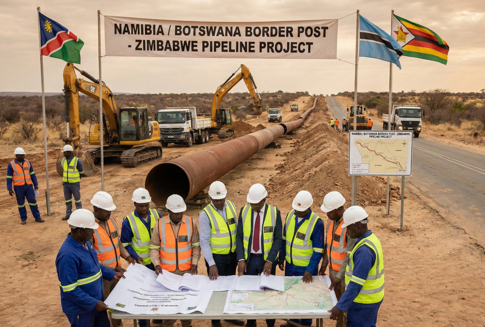 Pipeline construction, representing the complex legal and political agreements needed for cross-border projects in Africa.