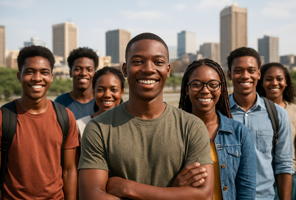 African youth standing at a crossroads between demographic dividend and demographic crisis, symbolizing potential, policy choices, and the future of the continent.