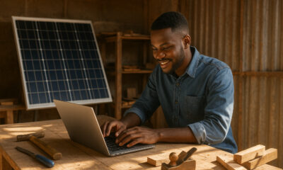 A young African entrepreneur works in a sunlit workshop powered by solar panels, symbolizing how reliable electricity access drives job creation and economic opportunity across the continent.