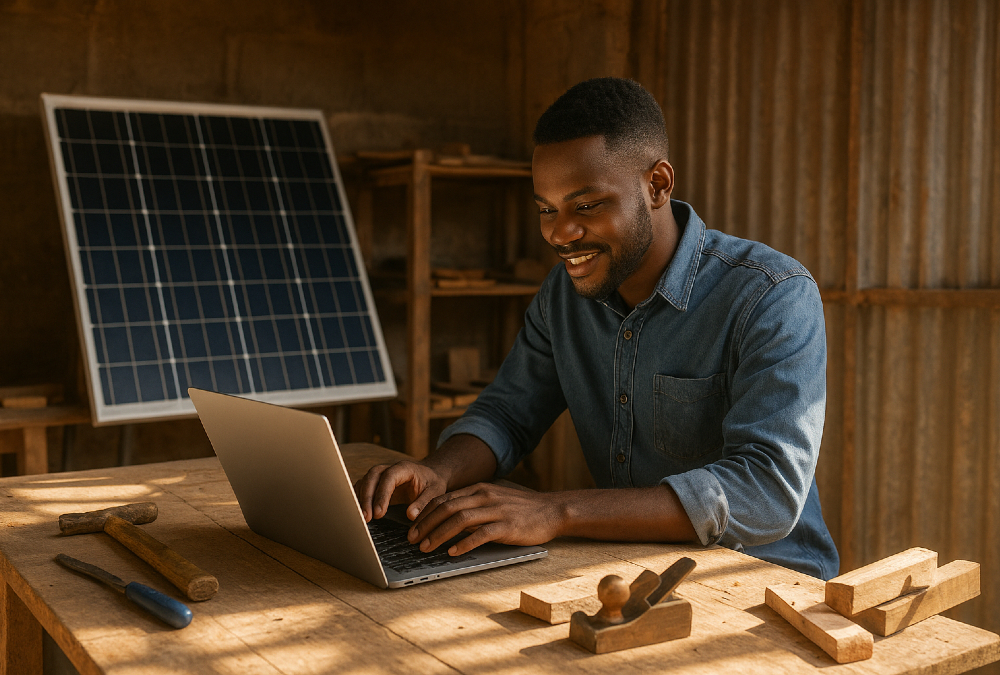 A young African entrepreneur works in a sunlit workshop powered by solar panels, symbolizing how reliable electricity access drives job creation and economic opportunity across the continent.