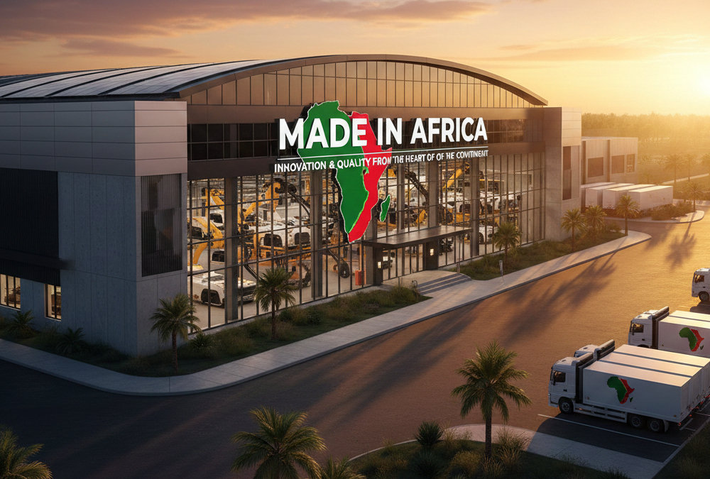 A modern factory with 'Made in Africa' branding.