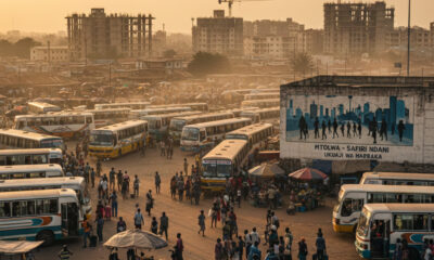 Aerial view of a congested bus terminus in an African city, symbolizing internal migration and rapid urbanization.