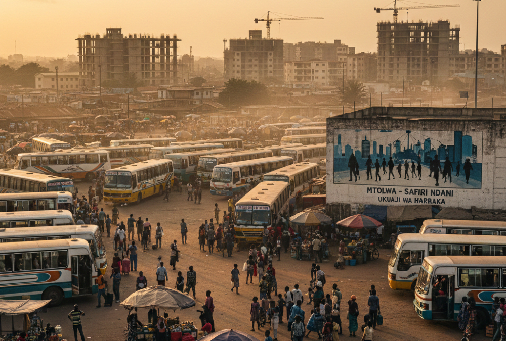 Aerial view of a congested bus terminus in an African city, symbolizing internal migration and rapid urbanization.
