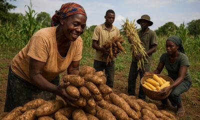 African farmers harvesting abundant crops like yams, cassava, and maize, yet lacking storage and transport - highlighting that Africa's food insecurity stems from logistical failures, not scarcity.