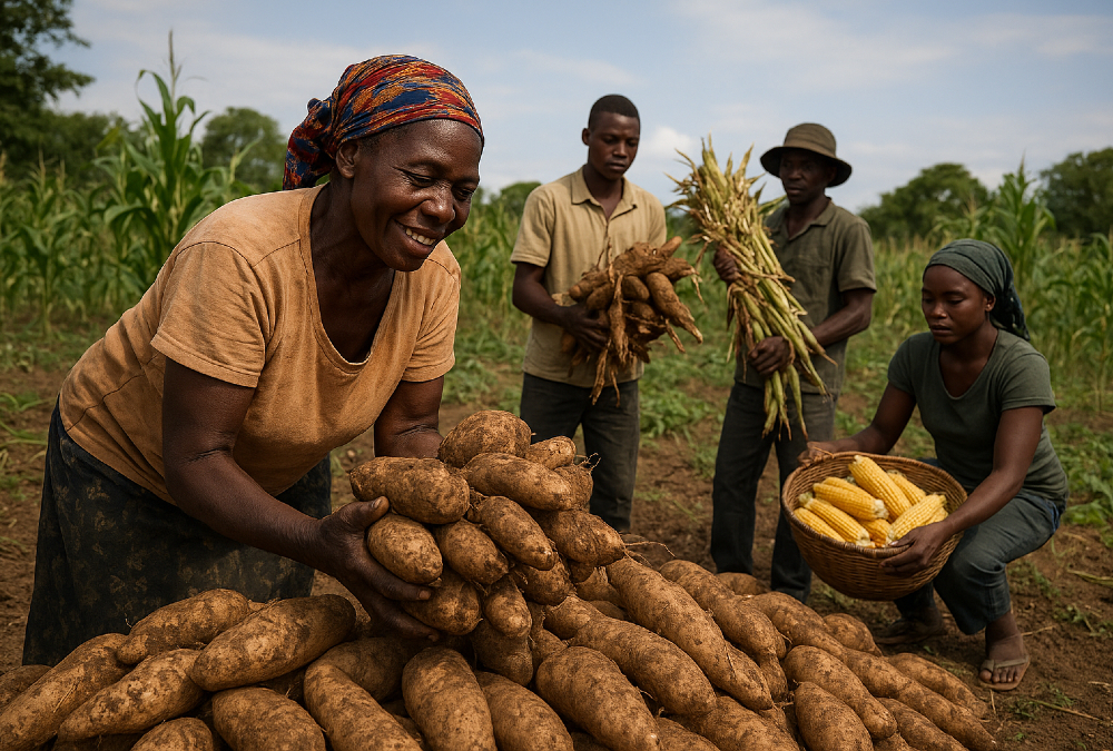 African farmers harvesting abundant crops like yams, cassava, and maize, yet lacking storage and transport - highlighting that Africa's food insecurity stems from logistical failures, not scarcity.