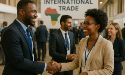 Business professional networking at an international trade event in Africa, symbolizing the intersection of randomness and readiness that drives export success across African markets.