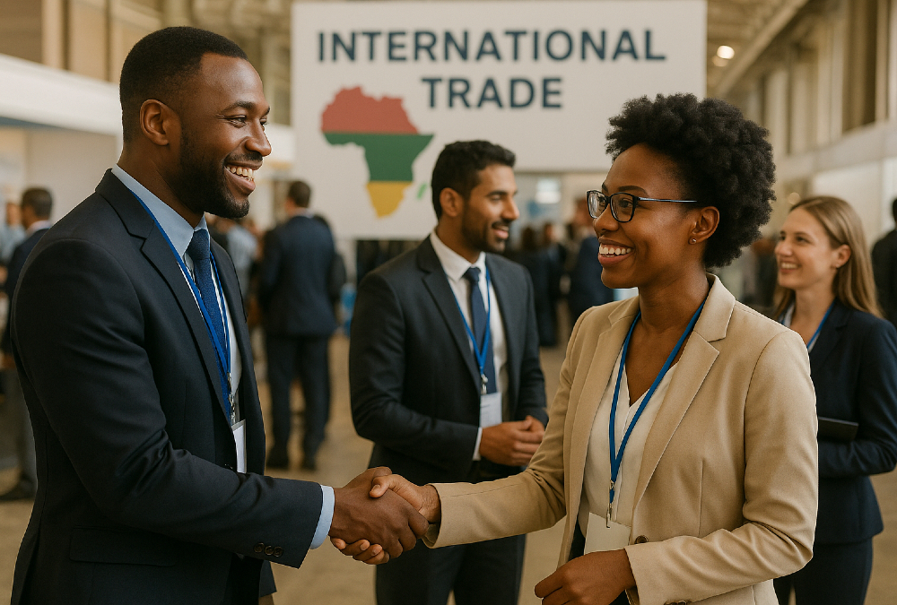 Business professional networking at an international trade event in Africa, symbolizing the intersection of randomness and readiness that drives export success across African markets.