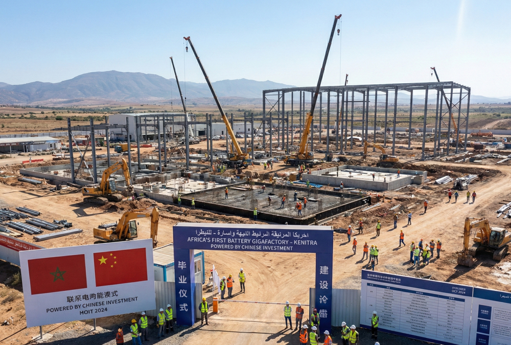 Construction site of Africa's first battery gigafactory in Kenitra, Morocco, symbolizing the continent's strategic shift from raw mineral exports to green manufacturing and participation in the global EV supply chain.